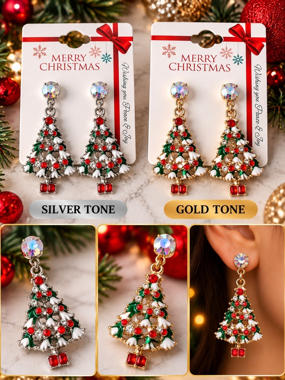 Christmas Tree Rhinestone Earrings – Gold or Silver Tone
